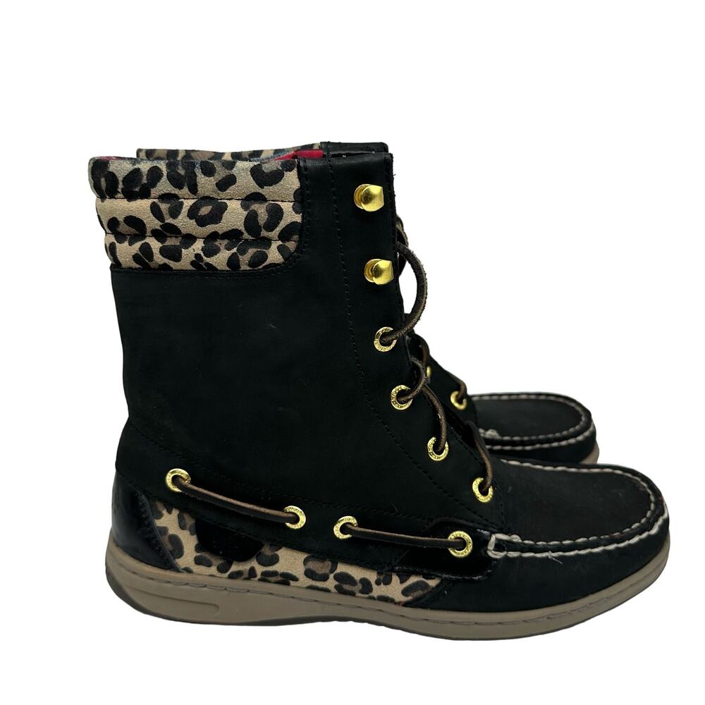Sperry Hikerfish Leopard Print Black Leather High Top Boots Womens Size 7.5